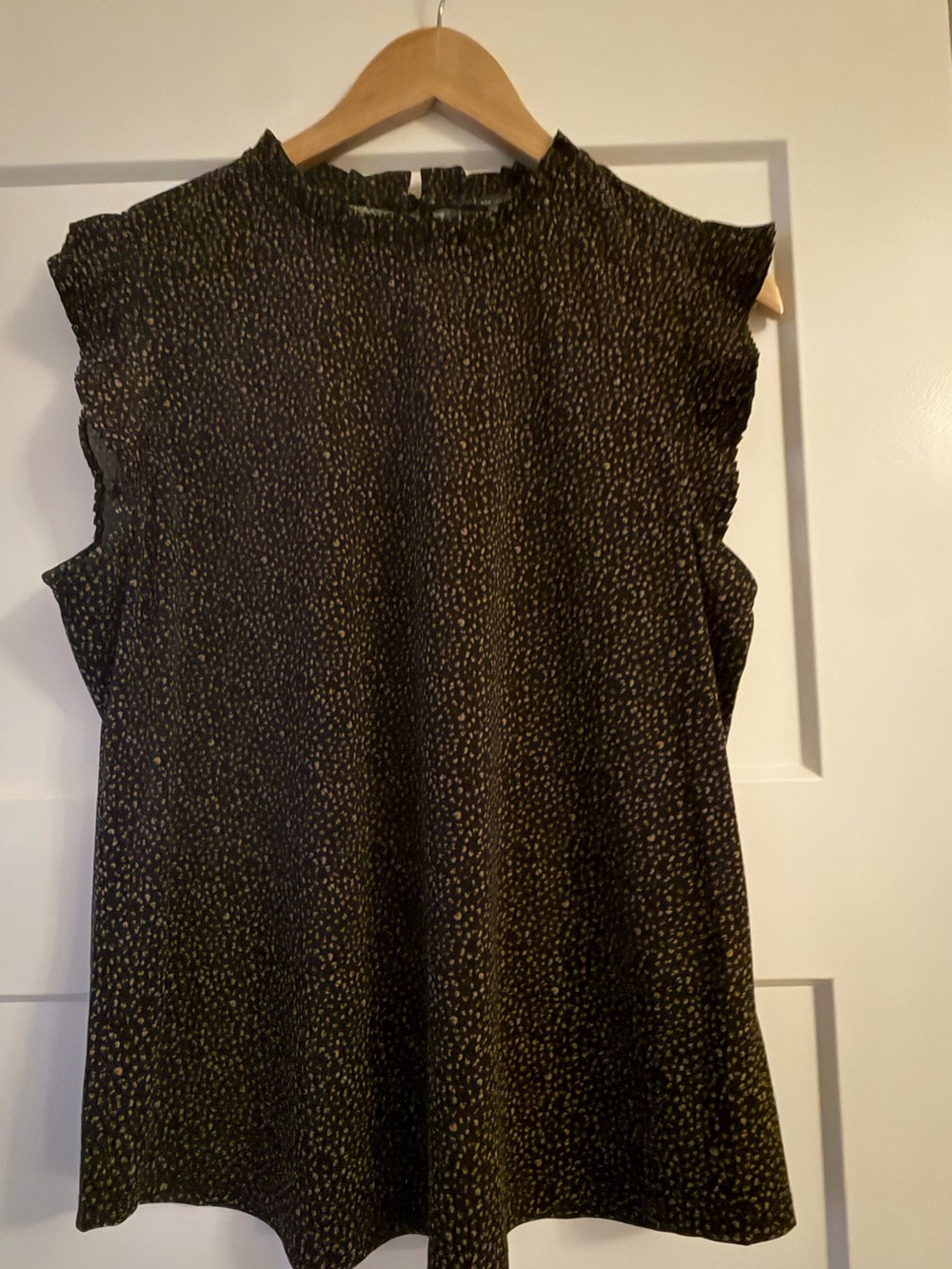Adrianna Papell Black Dress with Gold Dot Print and Ruffle Neck